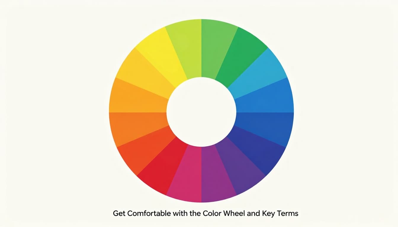 Modern illustration of a classic color wheel divided into 12 segments for primary, secondary, and tertiary colors, with warm reds-oranges-yellows on the right and cool blues-greens-purples on the left, separated by a subtle divide line on a light neutral background.