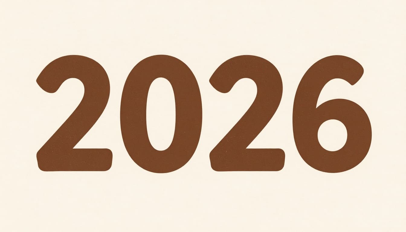Modern illustration of 2026 design trend featuring breathing minimalism with ample space around bold textured headline, imperfect grain elements on subtle background, cozy handmade touches, clean shapes, and warm colors.