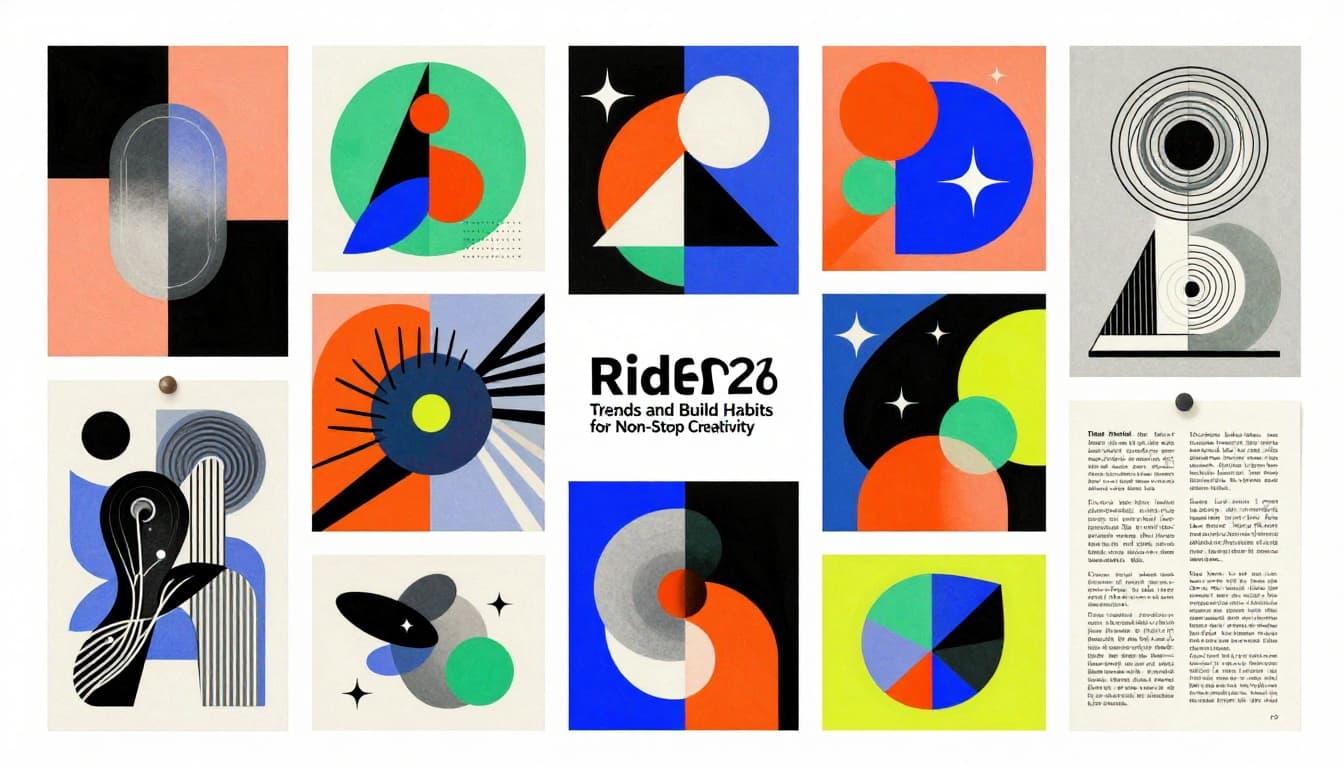Modern illustration with clean shapes, controlled colors, and strong composition featuring 2026 design trend examples like geometric metallics, neo deco, organics, and wilderkind on a mood board with pinned images and sketches. Vibrant yet controlled palette arranged dynamically on a soft gradient background.