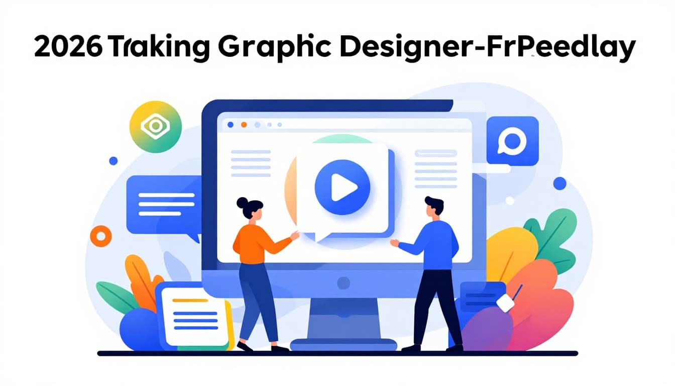 Modern illustration depicting 2026 graphic design trends with AI generating designs, real-time collaboration symbols, and browser tools icons orbiting a central pro-level poster in an abstract, vibrant composition.