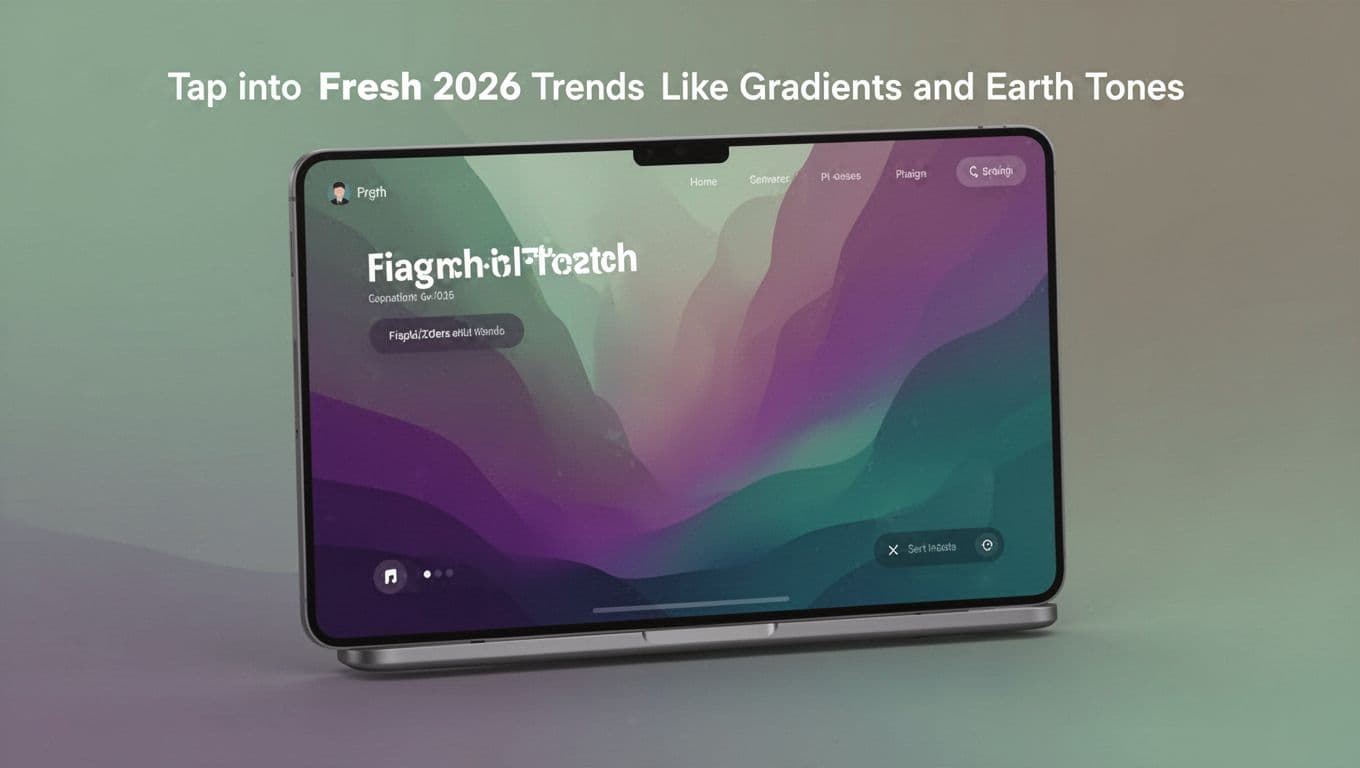 Modern illustration of a UI design screen with soft gradients in earth tones like jade green, rich purple, and teal, featuring depth, warmth, and a clean layout at a slight angle.