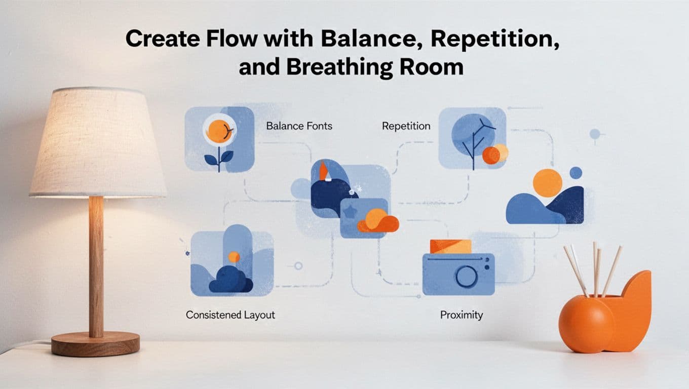 Clean graphic design layout example showing balance, repetition, consistent fonts and colors, proximity of grouped items, and white space around elements in a modern illustration style with clean shapes, soft blues, warm oranges, and natural lamp lighting.