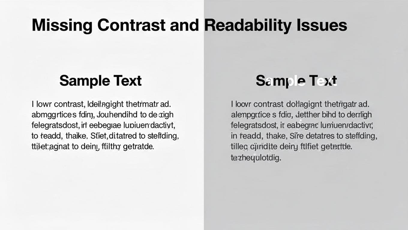 Modern side-by-side illustration of low contrast 'Sample Text' paragraph hard to read on background versus high contrast fixed version for optimal readability.