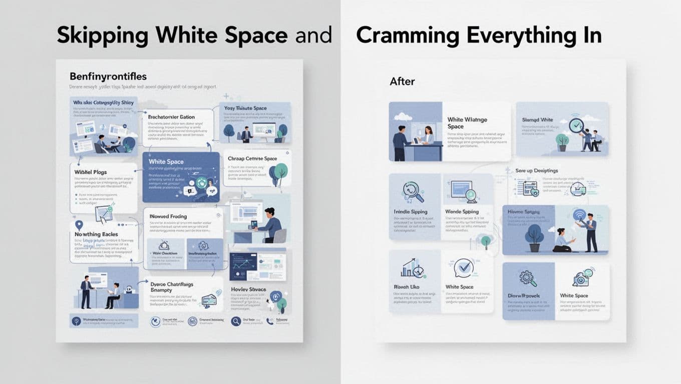Modern illustration contrasting a crammed flyer layout on the left, overflowing with text boxes, images, and icons, against a balanced right half using generous white space for a calm composition. Clean shapes, consistent colors, and strong visual structure in landscape format with no text or people.