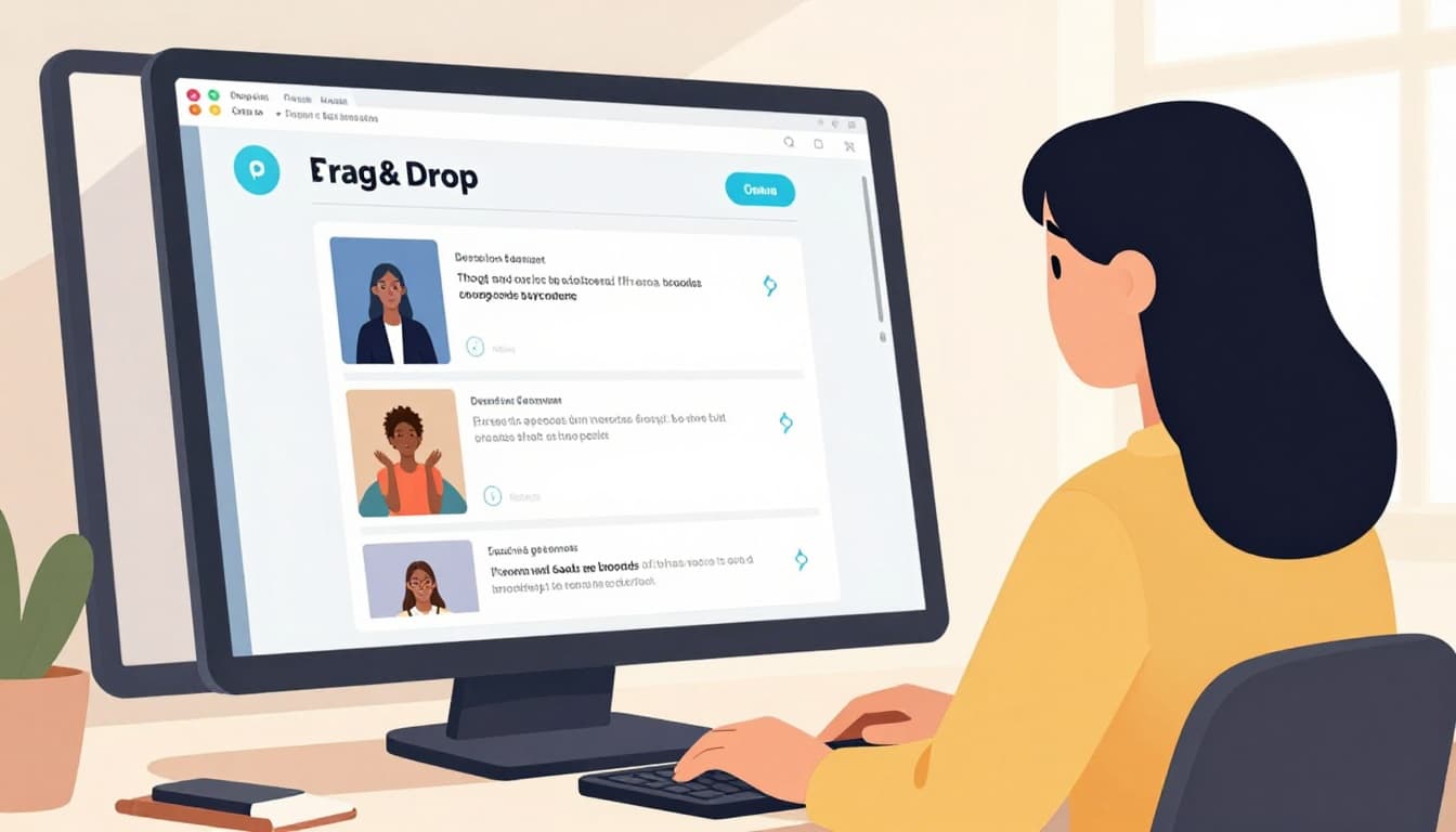 Modern illustration of a beginner focused on a laptop screen, dragging and dropping elements from Canva templates to create a social media poster in a clean desk with bright natural lighting and pastel colors.