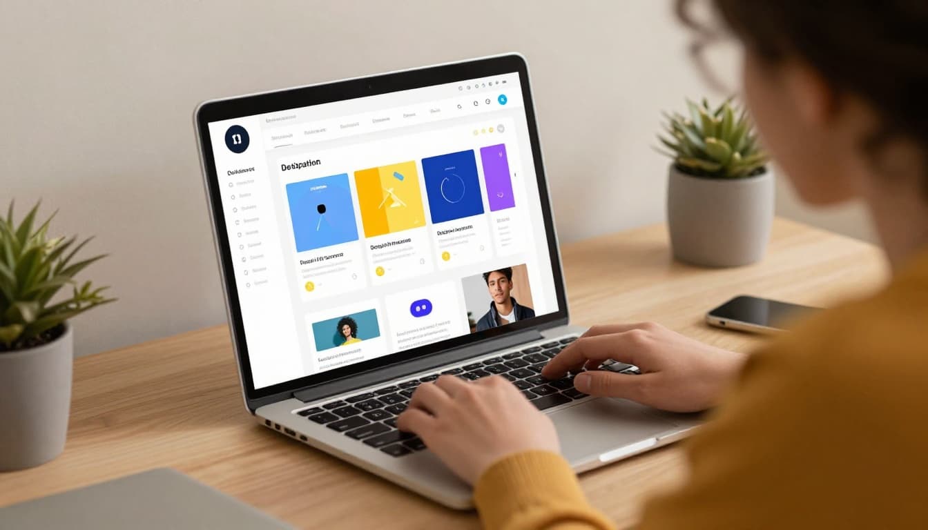 Modern illustration of a young beginner designer at a simple desk with laptop displaying colorful UI mockups from a design inspiration website, relaxed pose under warm lighting.