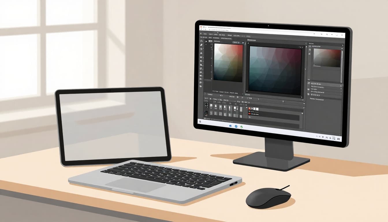 Modern illustration of a beginner's computer setup for graphic design: laptop with external monitor, mouse, keyboard on desk, screen showing design software open, natural window light, controlled neutral colors. Clean shapes, controlled color palette, strong composition focusing on hardware arrangement.