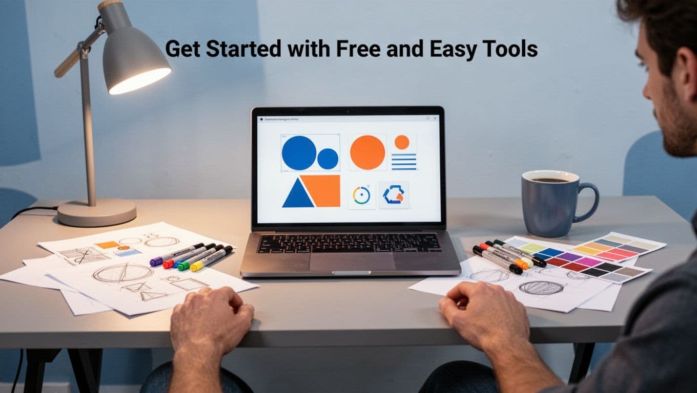 A relaxed graphic designer sits at a modern desk with a laptop open to a simple layout of shapes, colors, and icons, surrounded by paper sketches, color swatches, markers, and a coffee mug under natural lamp lighting.