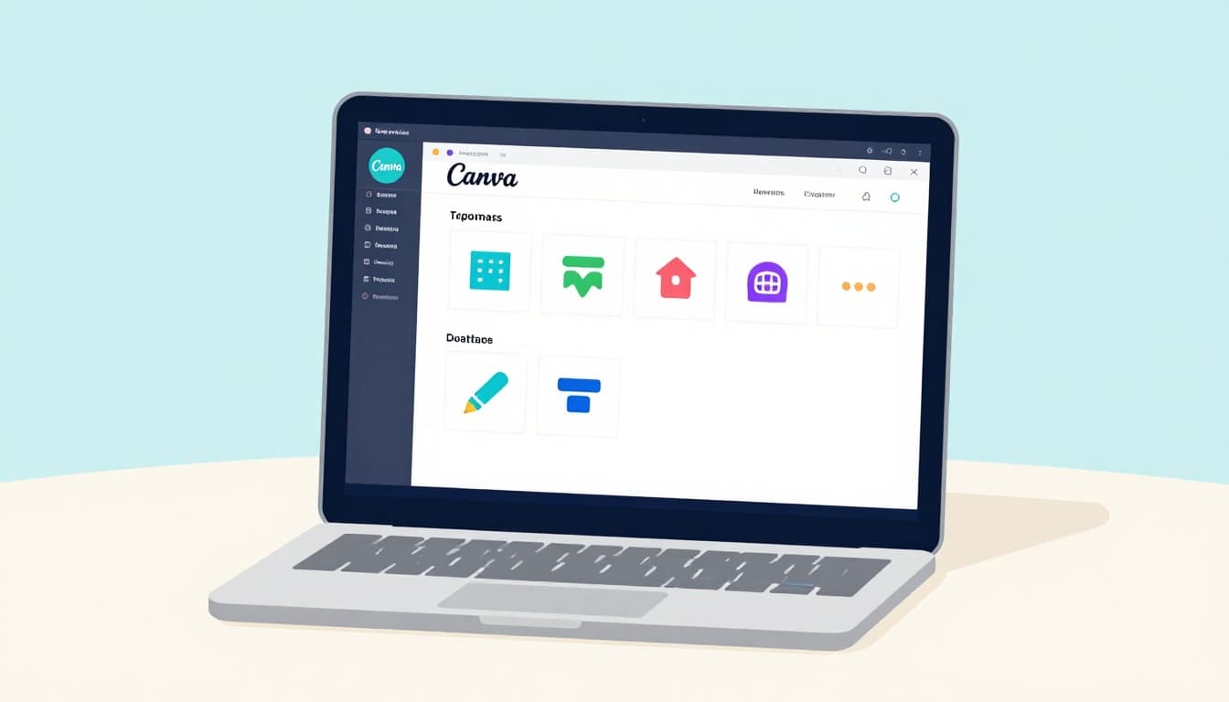 Modern illustration of a laptop screen displaying the Canva logo editor interface with drag-and-drop shapes, text, and colors for creating a basic business logo in a simple workspace.