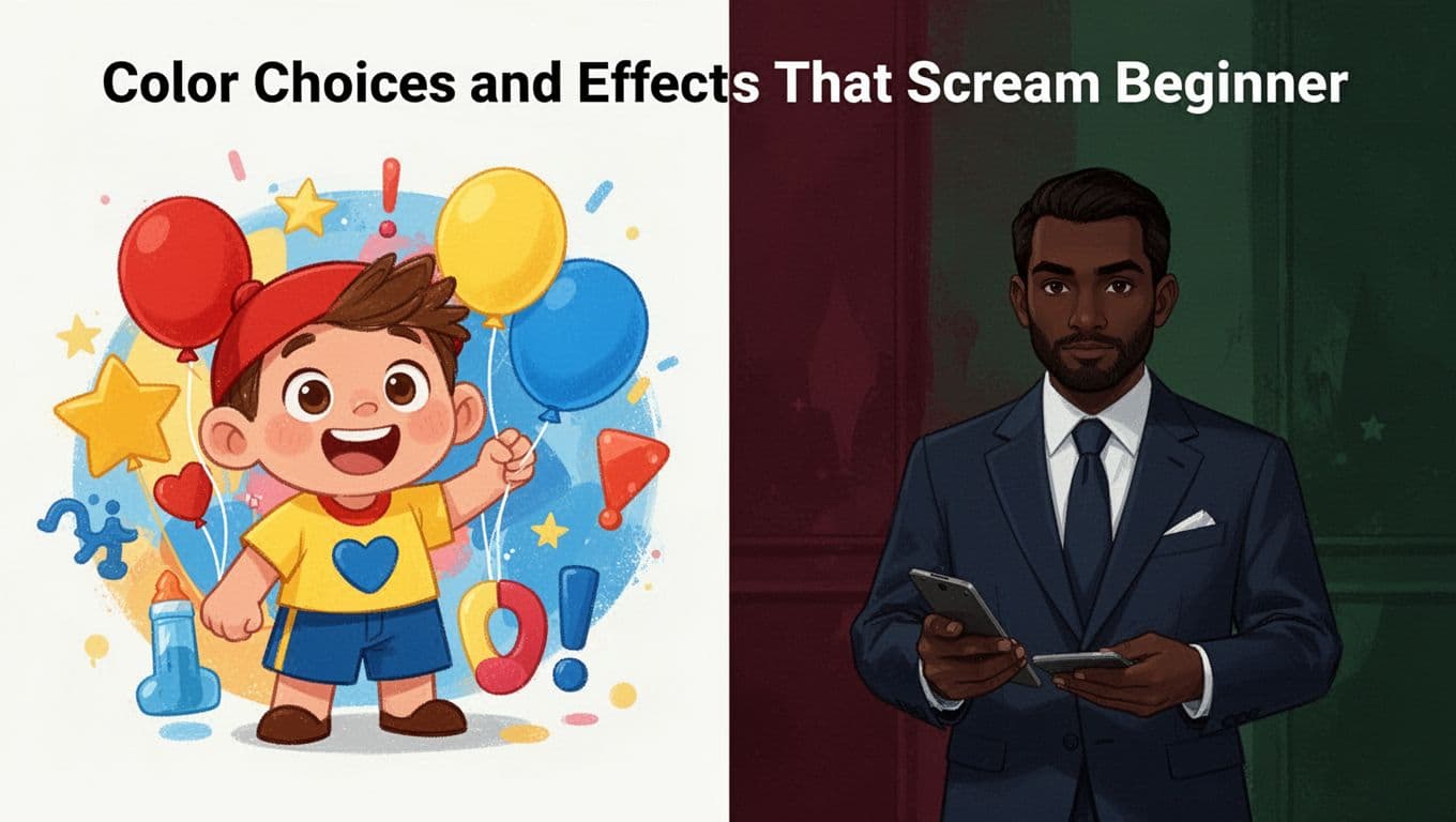 Side-by-side modern ad illustrations: left side features loud childish primary colors (red, yellow, blue), right side uses sophisticated deep tones (burgundy, forest green, navy) for contrast. Clean shapes, controlled palette, strong composition with consistent style and no people or text.