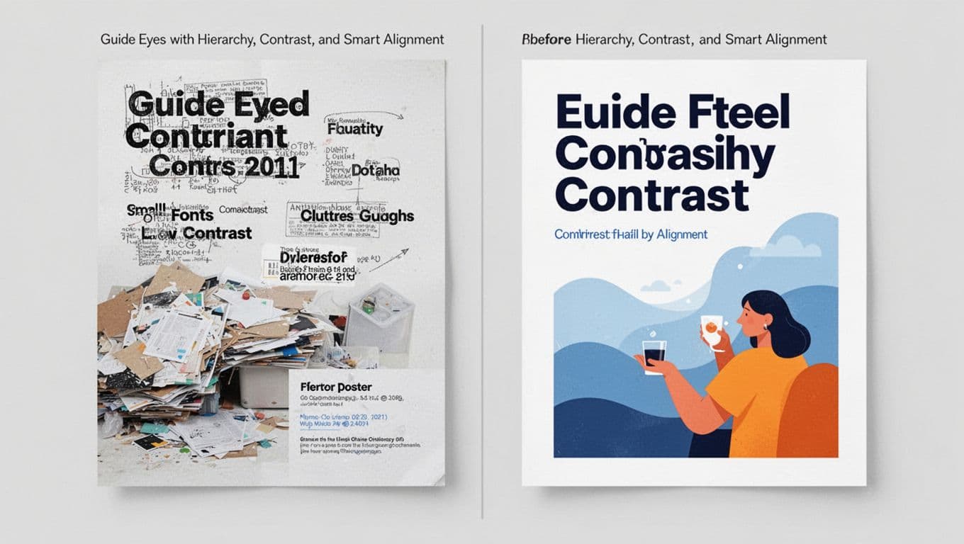 Side-by-side comparison of a chaotic cluttered poster on the left with floating text, small fonts, and low contrast, versus a clean redesigned poster on the right with bold title, aligned elements, and strong visual hierarchy. Modern illustration style using clean shapes, soft blues, warm oranges, natural lighting, and minimal background.