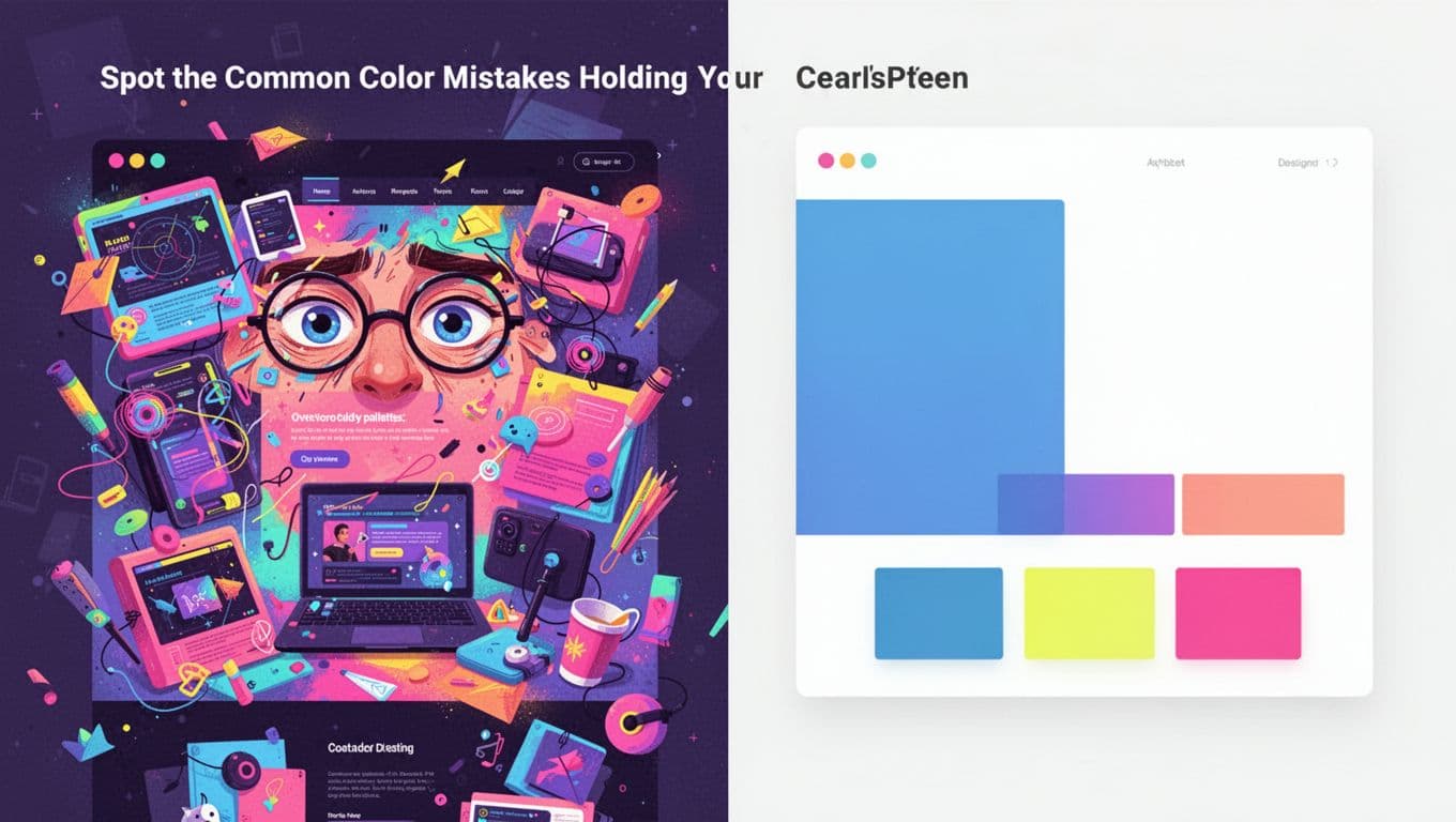 Side-by-side modern illustration contrasting a cluttered website overwhelmed by bright saturated neon colors with a clean simple design using one main color, two accents, and ample white space.