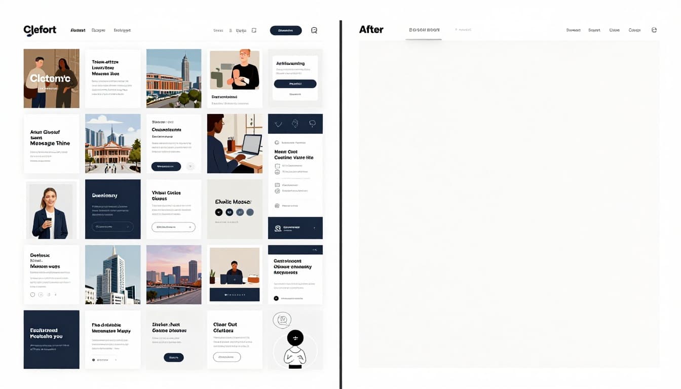 Modern illustration showing a side-by-side comparison: left side cluttered website with overlapping icons, images, text, buttons, and ads; right side clean, organized layout with generous white space, focused elements aligned on a grid. Consistent style, landscape orientation.