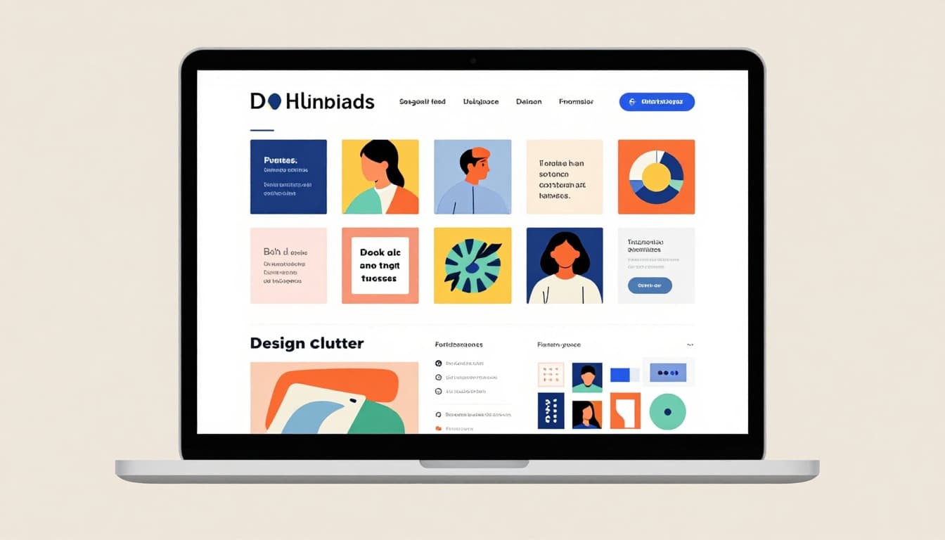 Modern illustration of a laptop screen showing a chaotic website with overlapping buttons, mismatched bright colors, multiple fonts, and disorganized elements, emphasizing design clutter.