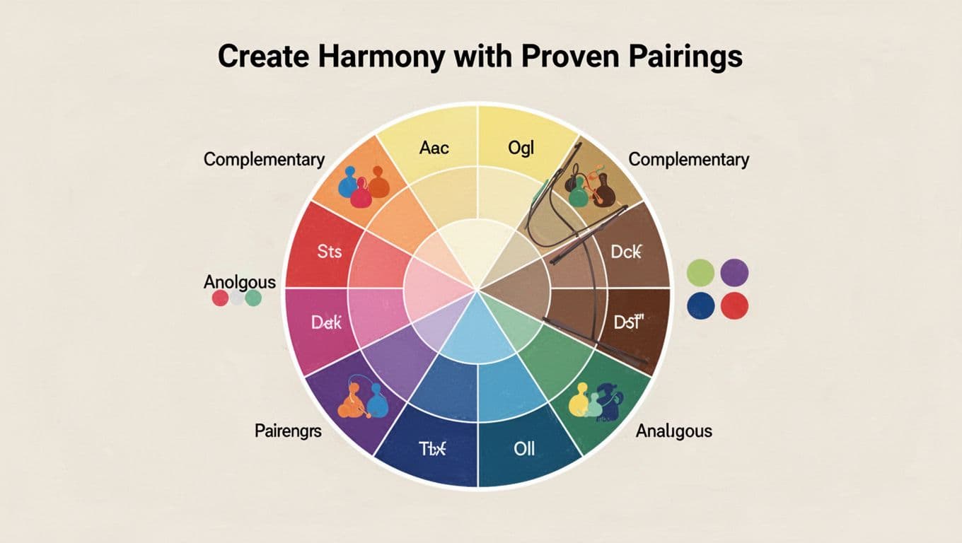 Modern illustration of a color wheel showing complementary and analogous color schemes with simple labels and highlighted harmonious pairings. Clean shapes, controlled colors, strong composition on a neutral background, exactly one centered color wheel.