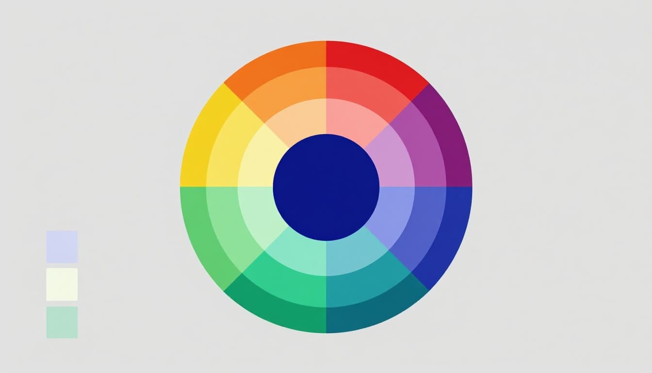 A simple color wheel divided into sections showing complementary, analogous, and triadic color schemes, with swatches below each segment. Modern illustration with clean geometric shapes on a light gray background.
