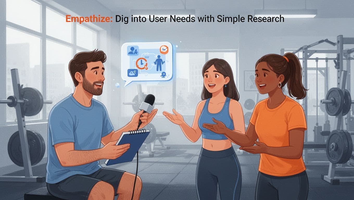 A graphic designer in a casual gym setting interviews two fitness enthusiasts about social media graphics for workouts, with one designer holding a notebook and two users gesturing, in a modern illustration style featuring clean shapes, soft blues and warm oranges, strong composition, natural lighting, and minimal background.