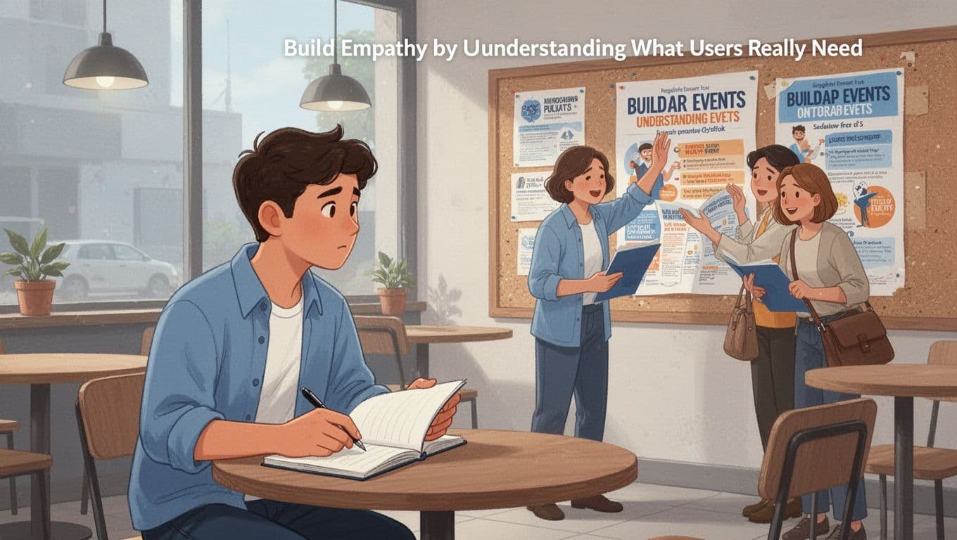 A young graphic designer sits at a cafe table with a notebook, intently watching a busy parent struggle to read a cluttered event poster on a bulletin board. Modern illustration style with clean shapes, soft blues and warm oranges, natural lighting, and minimal background details.