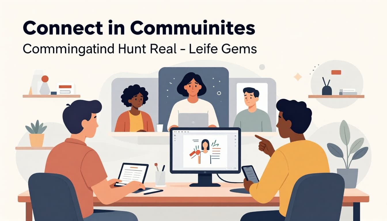 Modern illustration of two diverse designers in a relaxed video call, sharing sketches on screens and phones within an online design community, featuring clean shapes, controlled colors, strong composition, and soft lighting.