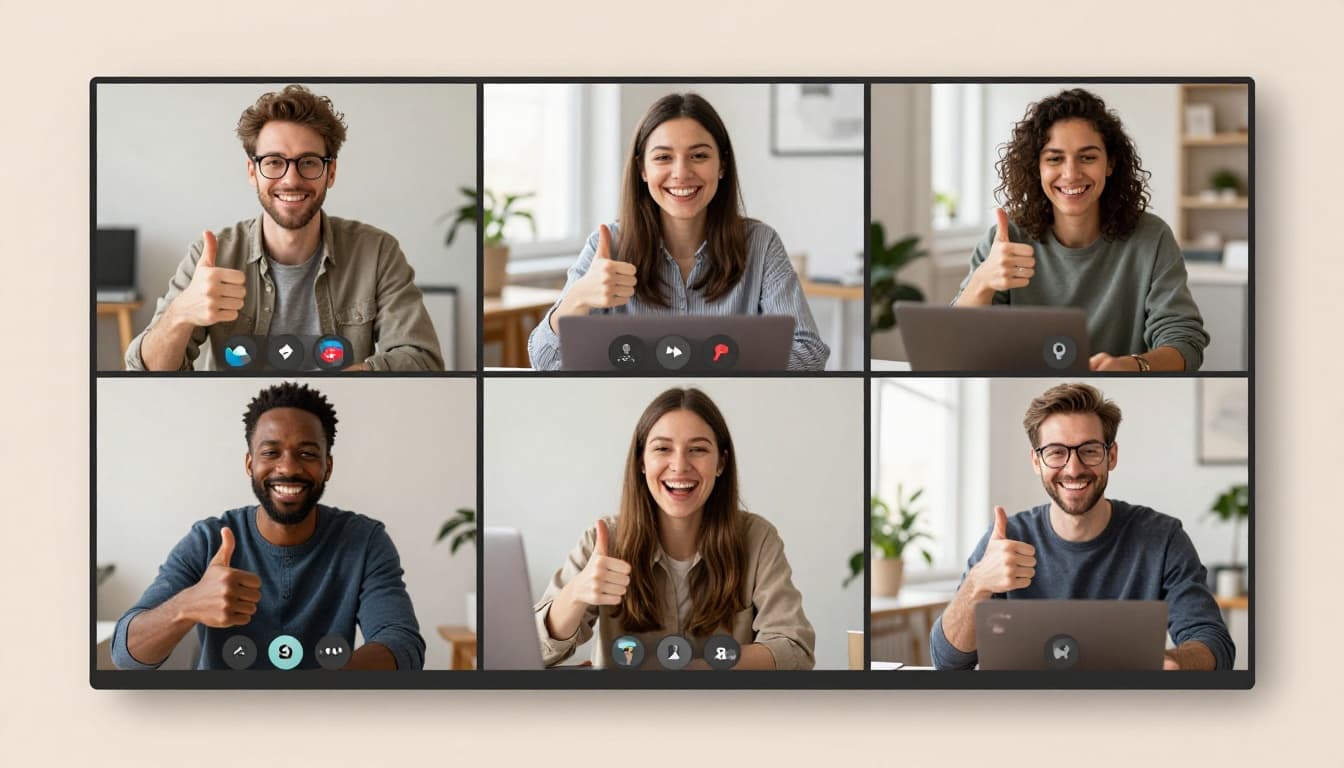 A diverse group of four designers collaborates in a virtual meeting via laptops, sharing positive feedback with thumbs-up gestures in cozy home office setups. Modern illustration featuring clean shapes, warm neutral palette, dynamic composition, and natural window lighting.