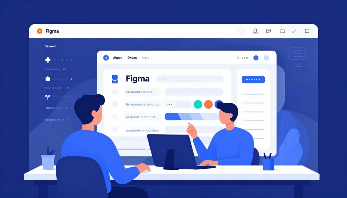 Modern illustration showing a designer editing vector shapes and layers in the Figma browser interface, with subtle auto-layout features and collaboration icons in the background, using clean shapes and blue tones.
