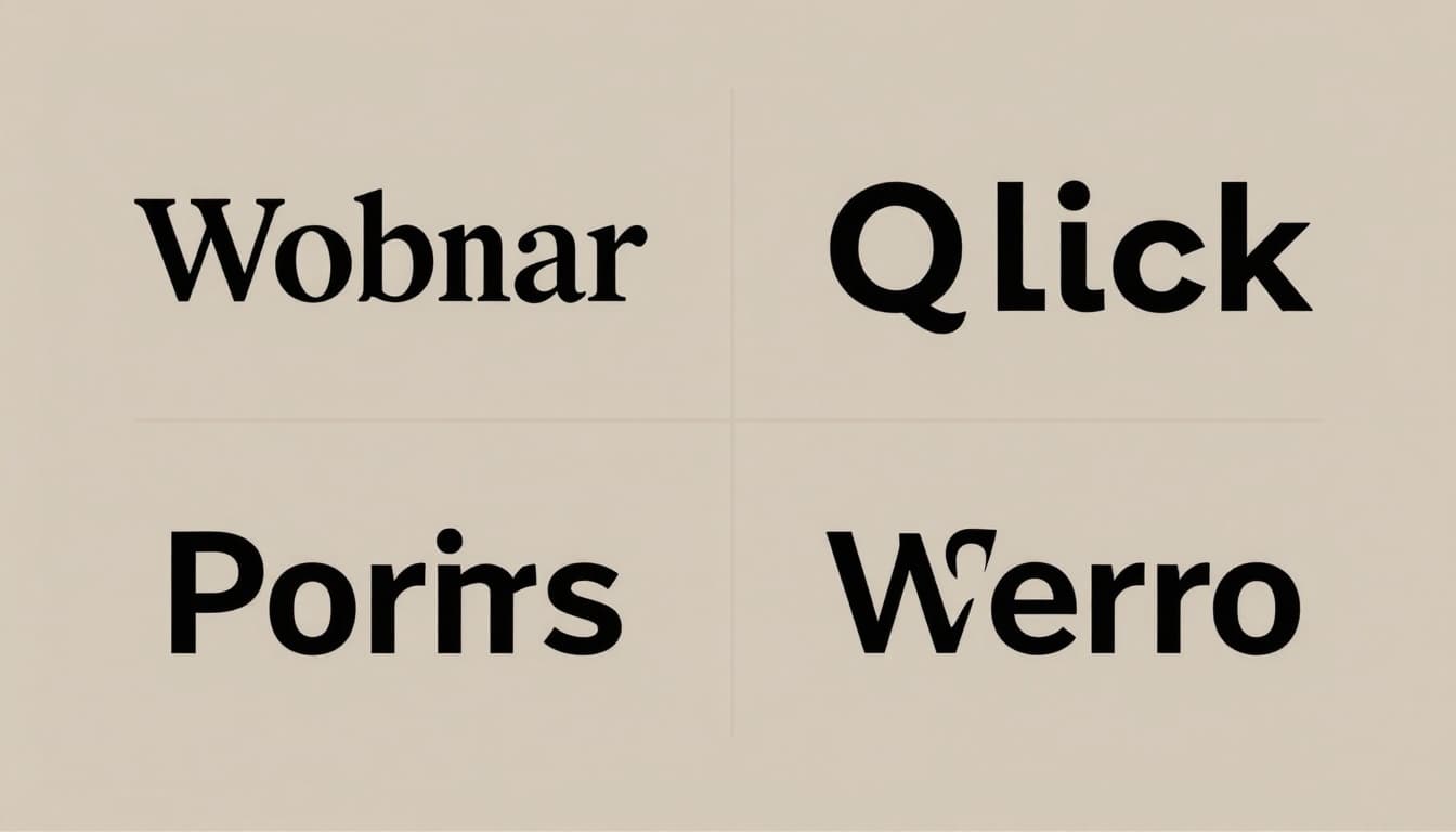 Modern illustration of four basic logo styles—wordmark, lettermark, icon symbol, and combination mark—arranged in a grid with simple clean designs on a neutral background.
