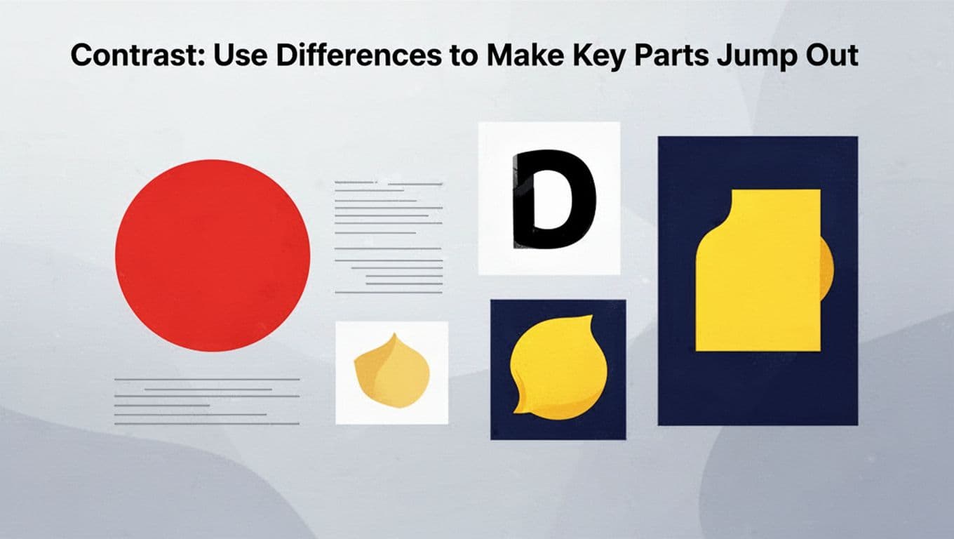 Modern illustration showcasing four contrast examples in graphic design: size (large red circle vs. small gray lines), color (yellow on dark blue), shape (thick black vs. white space), on subtle gradient background.