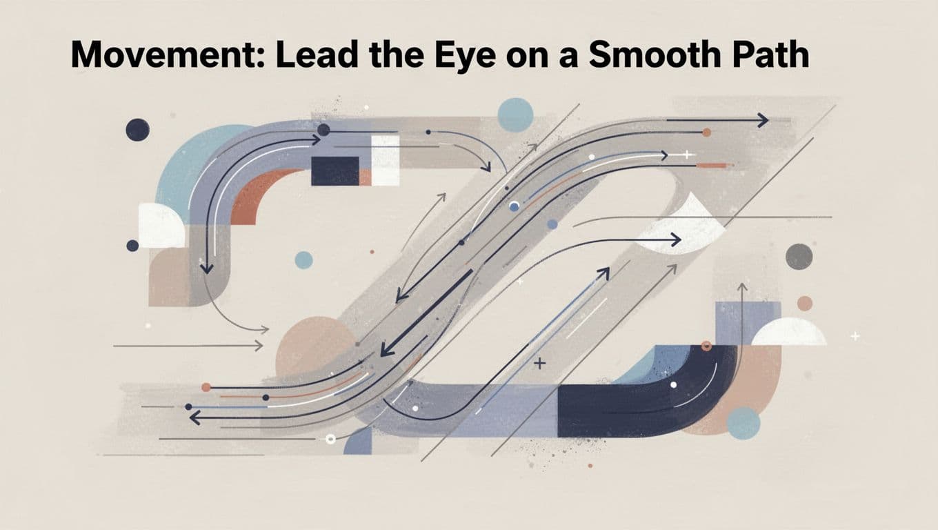 Modern illustration depicting curved arrows and lines guiding the eye in a Z-pattern across a poster layout, flowing from top-left to bottom-right with dynamic yet controlled movement on a soft neutral background.