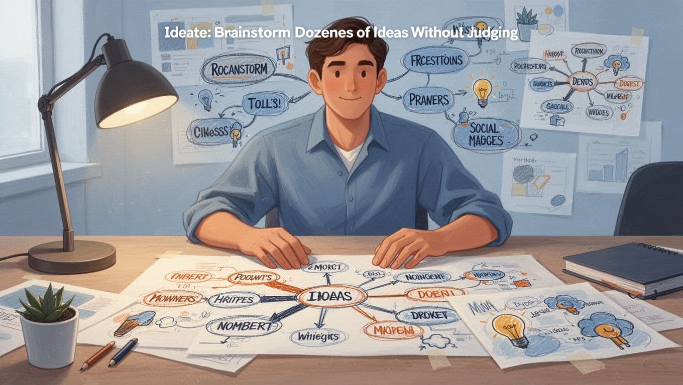 Graphic designer at a desk brainstorms ideas for social media graphics using mind map sketches, word associations, and doodles on paper; exactly one person, hands relaxed on table; modern illustration style with clean shapes, soft blues and warm oranges, natural lamp lighting, strong composition, no text, no extra people.