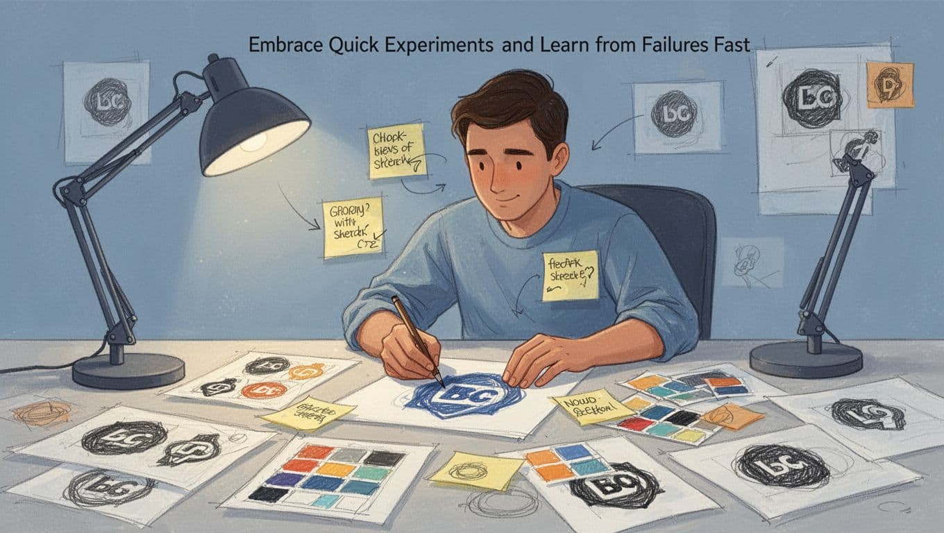 Modern illustration of a focused graphic designer at a desk covered in logo sketches and color swatches, tweaking a design on paper using sticky note feedback in a simple lamp-lit studio.