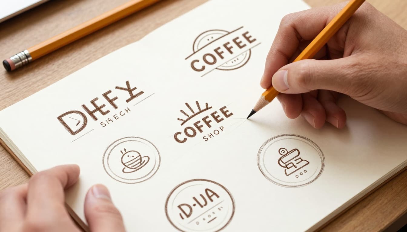 Modern illustration of a hand sketching rough doodles of symbols and text for a coffee shop logo on paper, with pencils and notebook on a desk, viewed from above.