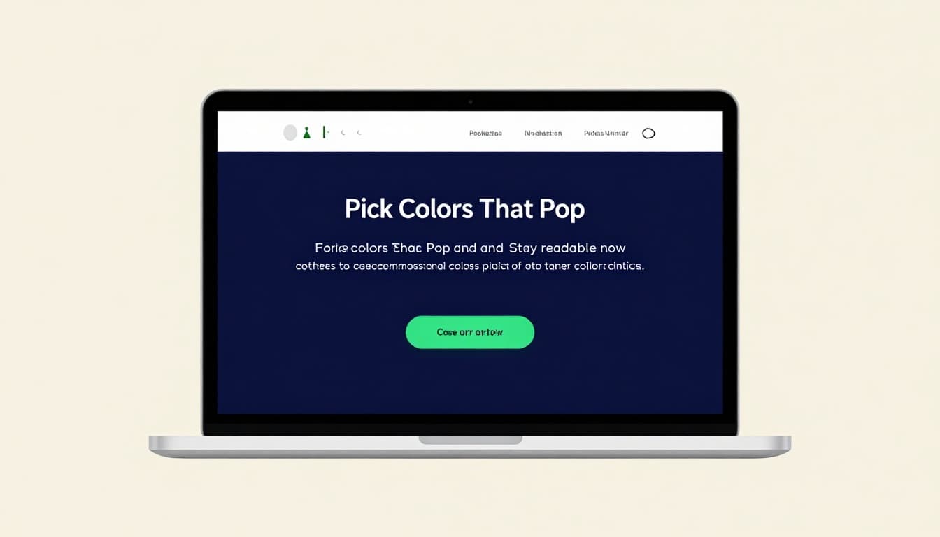 Clean modern illustration of a professional website on a single laptop screen using a limited high-contrast color palette: dark blue background, white bold headings, light gray body text, and green call-to-action buttons with balanced layout.