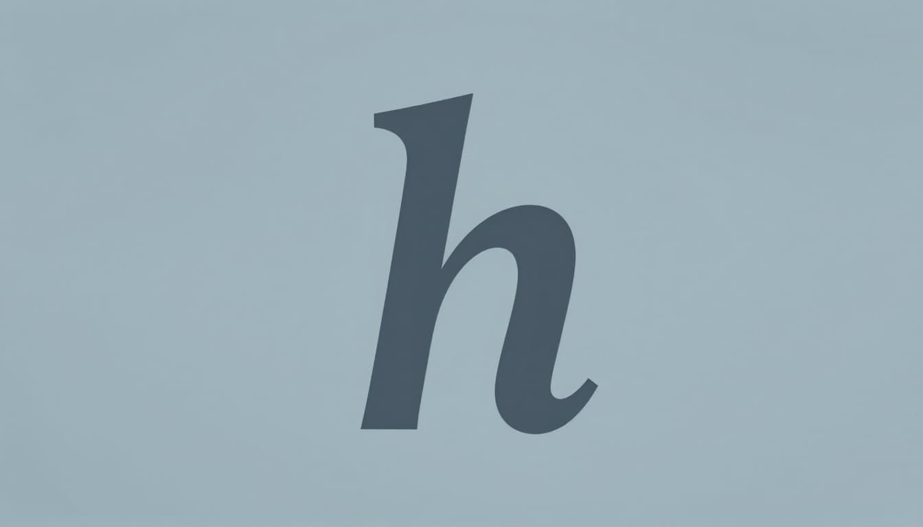 Modern illustration detailing the anatomy of a lowercase 'h' including baseline, ascender, x-height, stem, and subtle serif hints, using clean shapes in soft blues and grays on a neutral light background.