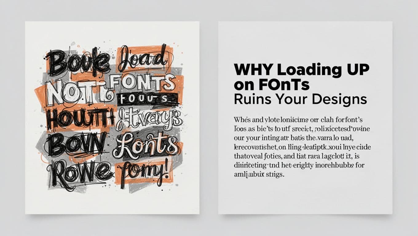 Side-by-side modern illustration comparing a chaotic poster cluttered with five overlapping messy fonts to a clean, readable poster using only two fonts: bold sans-serif heading and simple serif body.