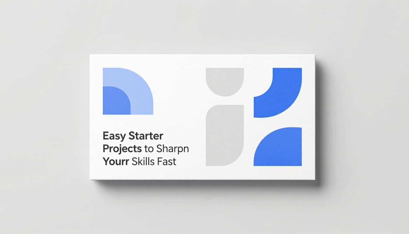 Clean minimalist business card viewed from above on a white surface with subtle shadows, geometric shapes, and abstract icons in a balanced modern layout using soft blues, grays, and whites.
