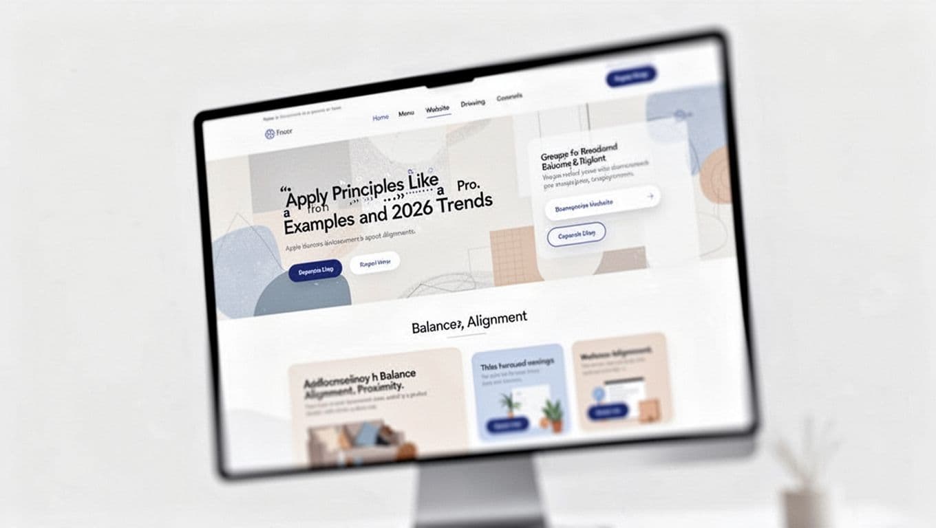 Modern illustration of a simple website homepage applying graphic design principles like balance, alignment, and proximity in a clean layout with neutral colors, viewed on a desktop screen at an angle.