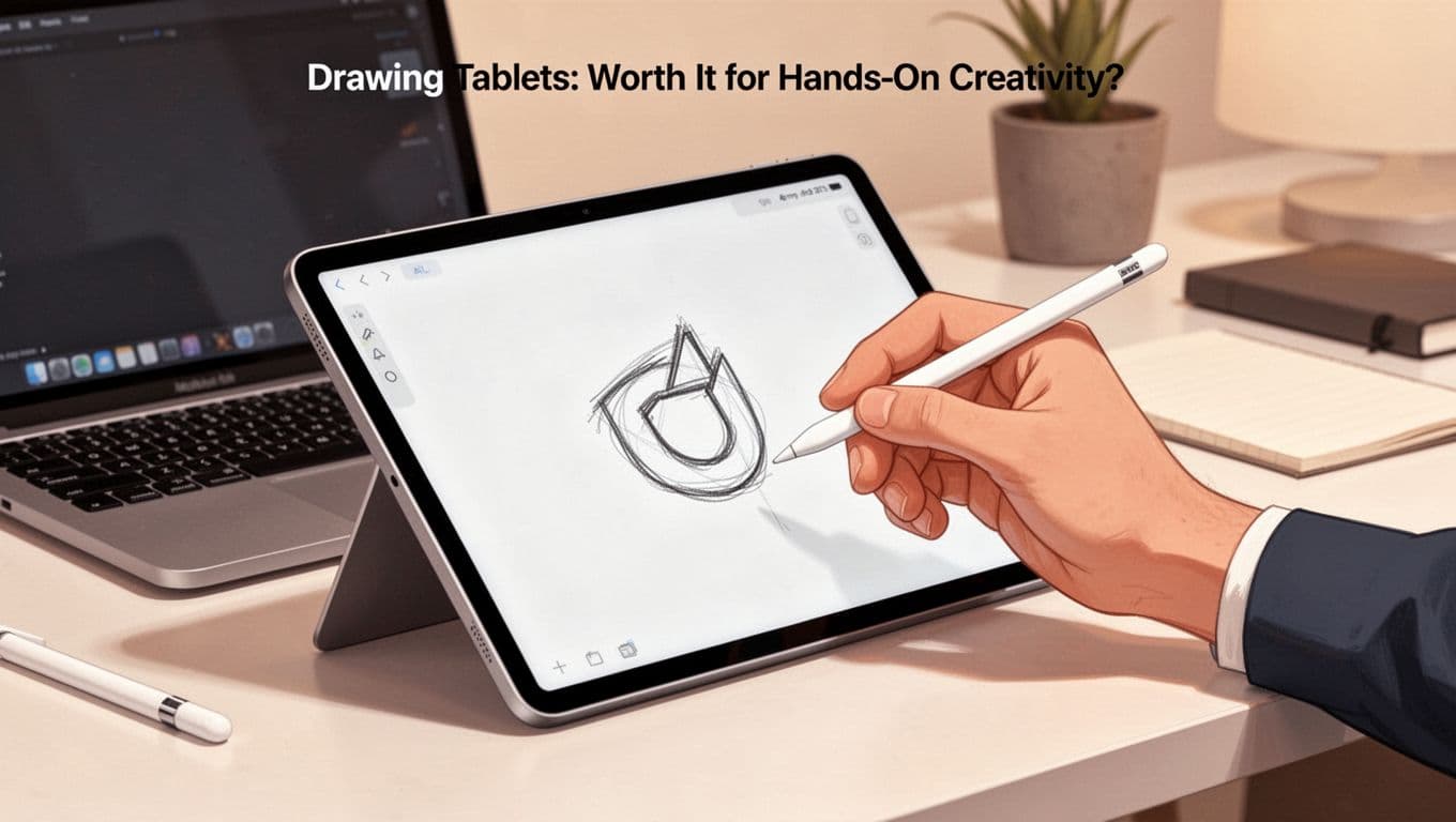 Modern illustration of an iPad with Apple Pencil in a relaxed hand drawing a simple logo sketch, tilted on desk next to laptop, soft studio lighting, controlled warm tones, clean shapes and strong composition.