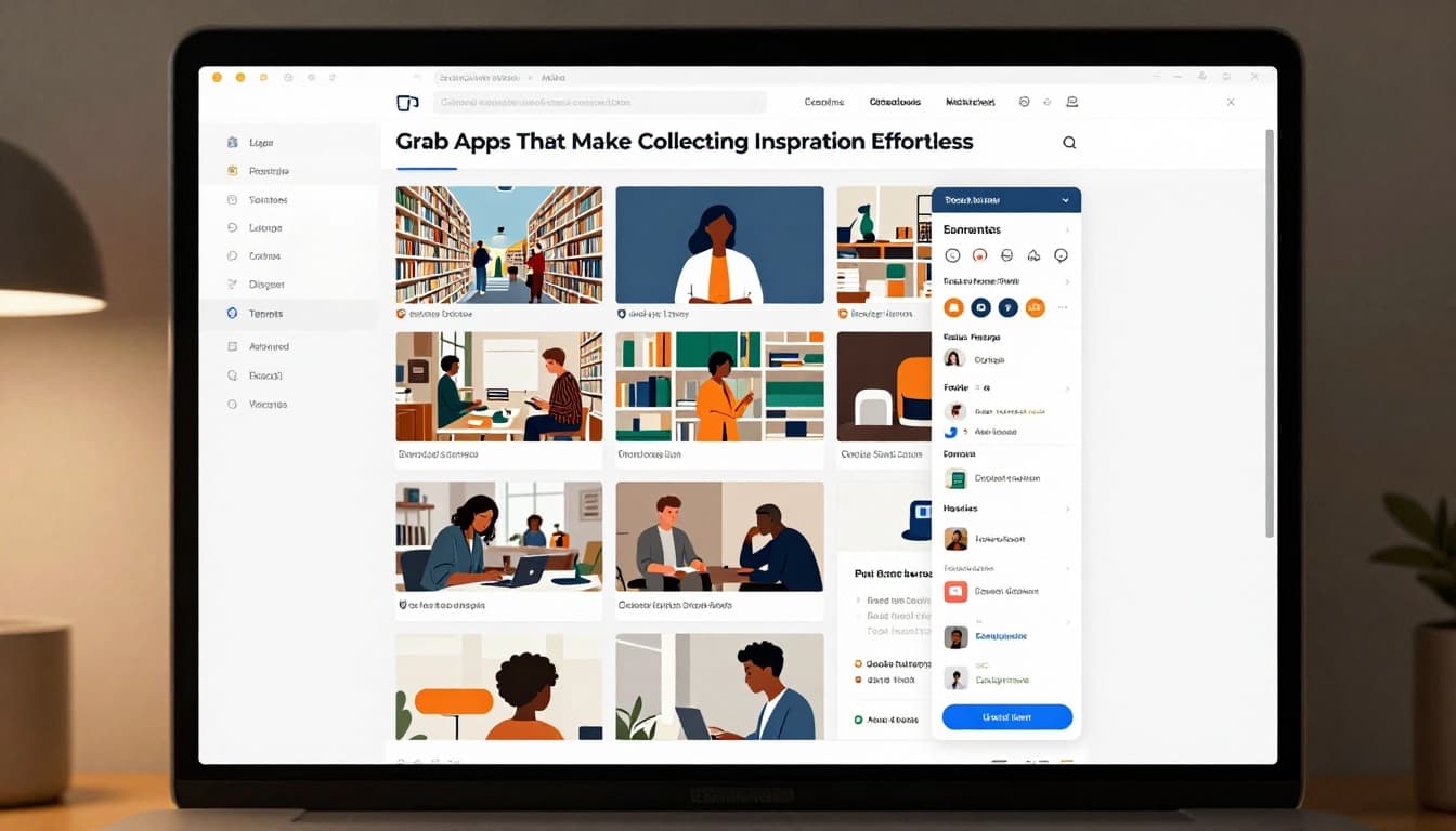 Modern illustration with clean shapes and strong composition showing a well-organized digital library of tagged and sorted design inspiration images on a computer screen, featuring folders for colors, trends, and mood boards, viewed by one person under warm desk lamp lighting.