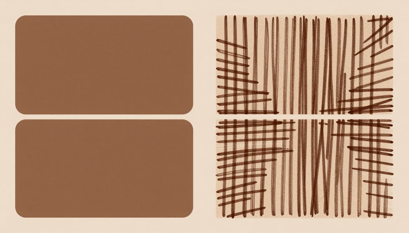 Side-by-side modern illustration contrasting a flawless symmetric website mockup with smooth gradients on the left against a wobbly asymmetrical hand-drawn version with textures and glitches on the right.