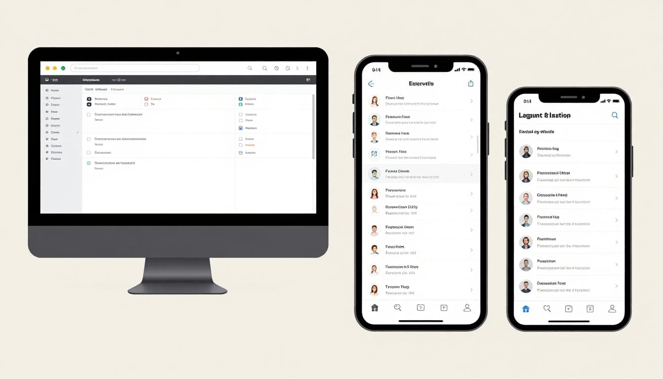 Modern illustration of a responsive design adapting from a wide desktop layout to a compact mobile version, shown in side-by-side comparison with devices at angles, using clean shapes and neutral palette.