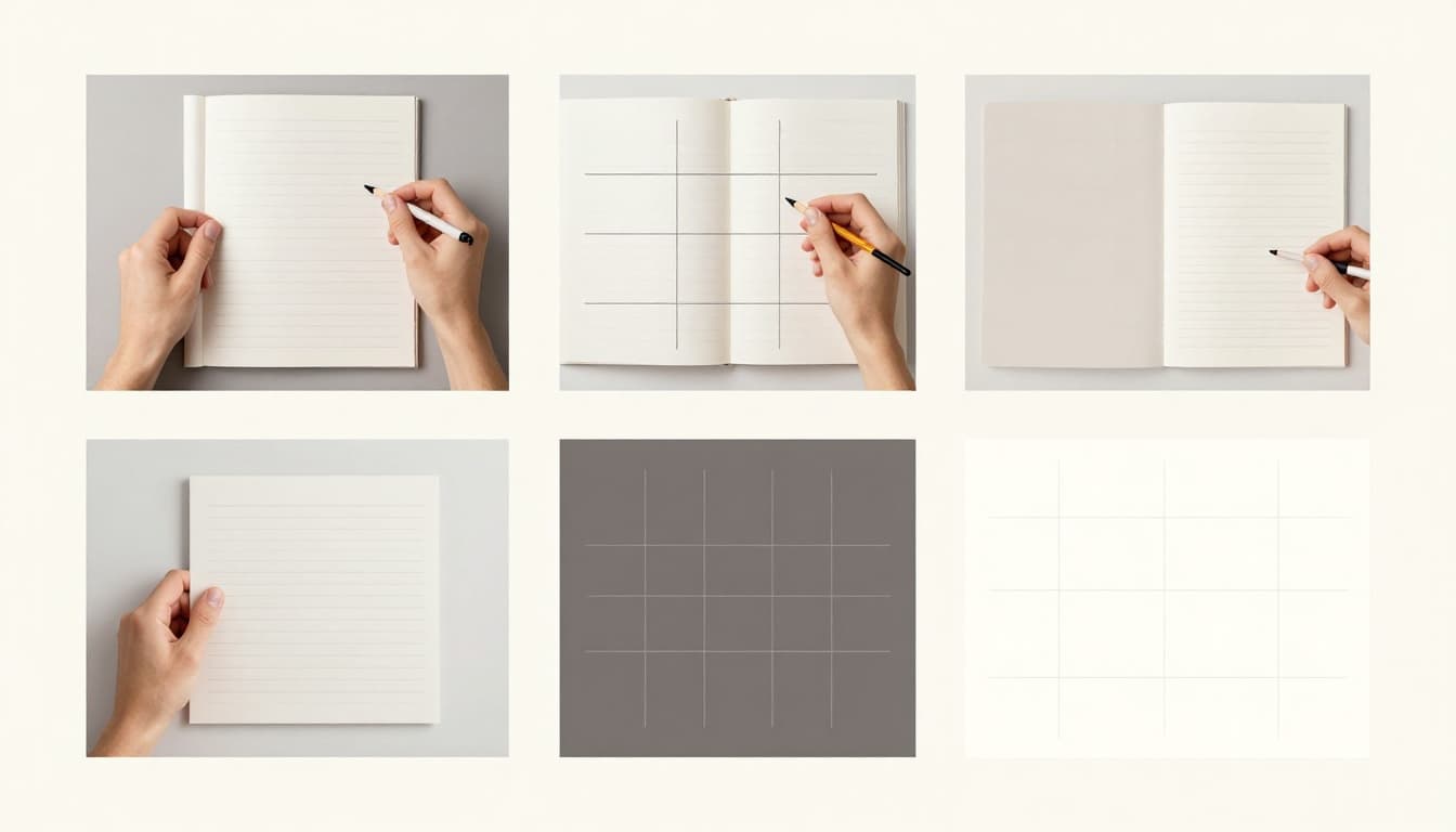 Modern illustration grid demonstrating rule of thirds with four clean layout examples: photo frame, magazine page, and social media posts. Neutral tones, accent colors, light background, soft lighting, no text, watermarks, or people.