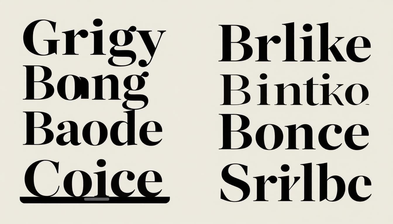 Modern side-by-side illustration comparing serif fonts on a book page and laptop screen (left) with sans-serif fonts on a poster and mobile screen (right), featuring clean shapes, neutral backgrounds, and high-detail letterforms.