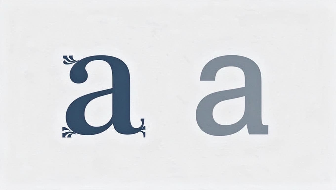 Modern illustration featuring a side-by-side comparison of serif and sans-serif lowercase 'a' letters, with clean shapes, soft blues and grays, and a neutral light background.