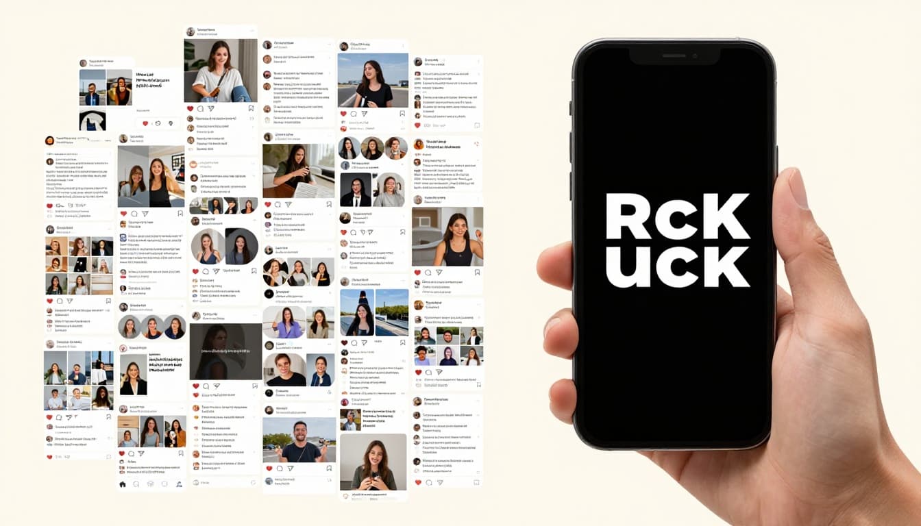 Modern illustration of a hand holding a smartphone displaying a social media feed: cluttered posts on the left versus a simple bold post with white space and big typography on the right, standing out prominently.