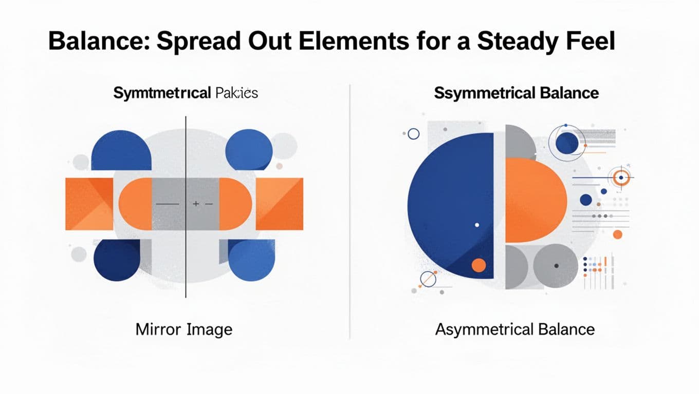 Modern illustration side-by-side: left shows symmetrical mirror-image layout with equal blue, orange, gray geometric shapes; right shows asymmetrical balance with larger bold shape offset by smaller detailed elements; clean white background, no text or people.