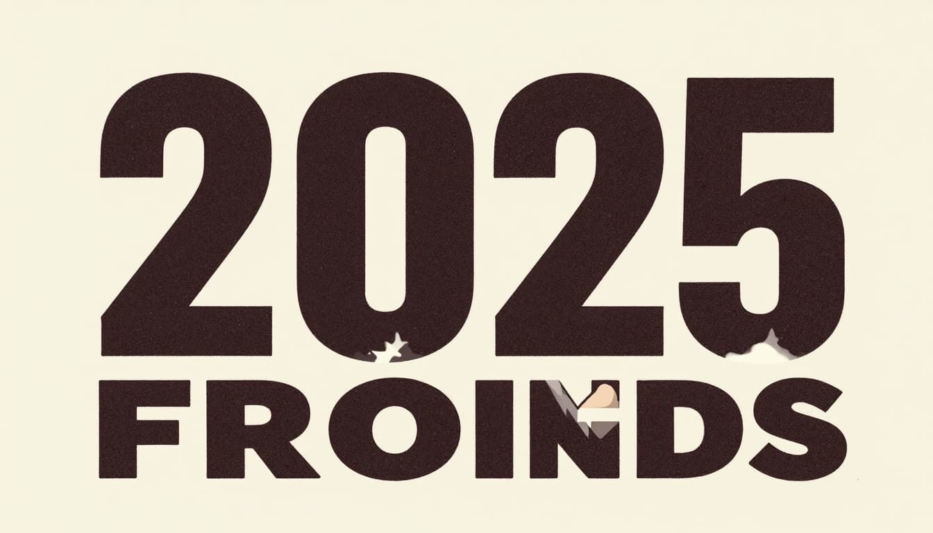 Modern illustration of typographic maximalism font trend for 2026, featuring exaggerated playful wide letters stacked boldly with textured grain effect on a simple poster background.