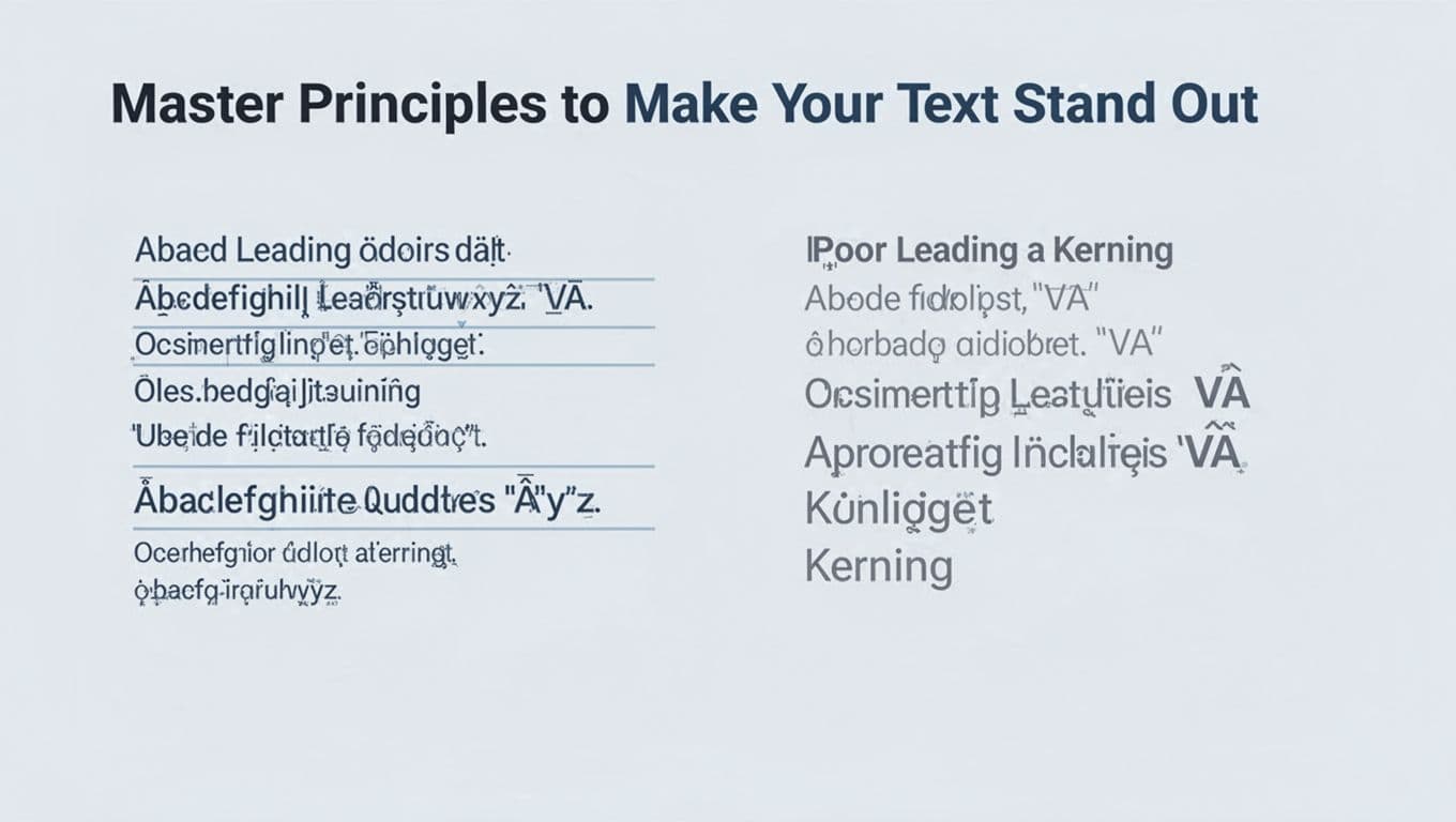 Modern illustration in soft blues and grays comparing poor versus improved leading and kerning. Left side shows cramped text lines with tight spacing, right side displays spacious, evenly adjusted text blocks with fixed letter spacing like 'VA' pairs.