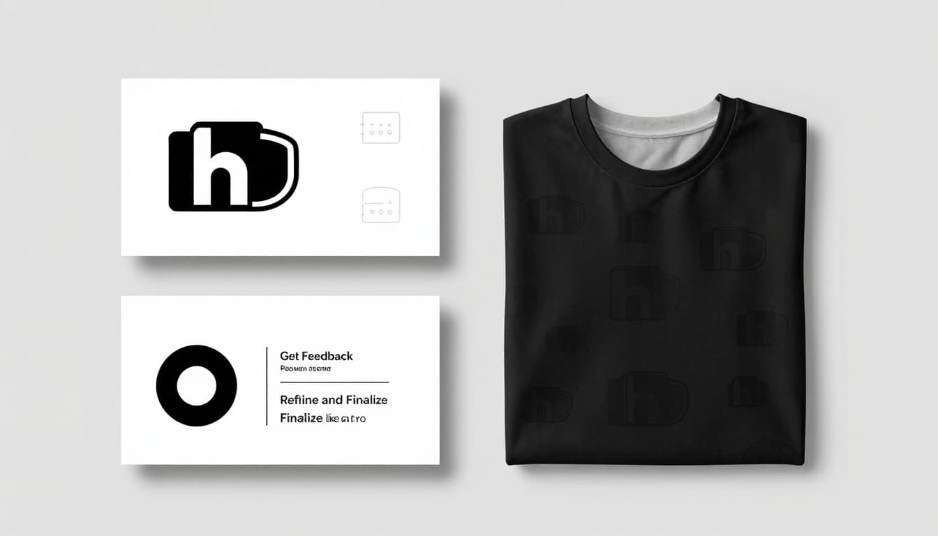 Modern illustration of logo mockups on business card, website favicon, and t-shirt, featuring black and white and color versions with simple versatile design, clean shapes, controlled color palette, and strong grid composition.